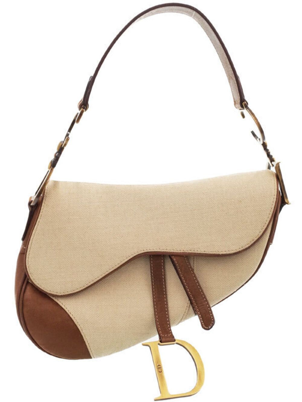 Christian Dior Beige Cream Canvas Brown Leather Saddle Bag canvas